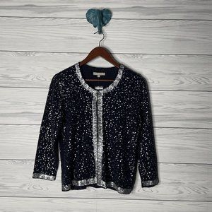 NWT Joan Vass Navy Blue Silver Sequin Button Down Cardigan Sweater Womens Small